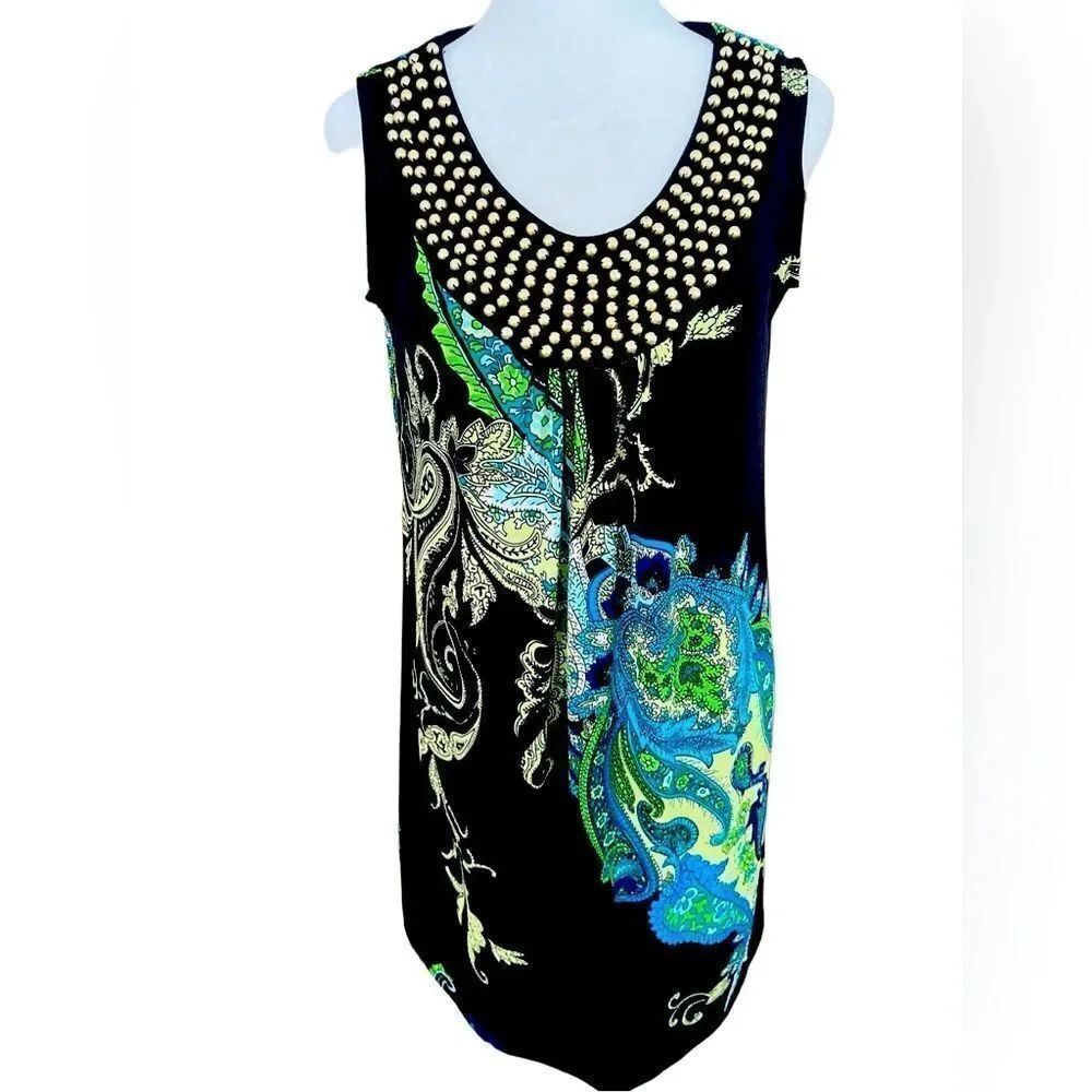 Sandra Darren shift style neckline embellished paisley dress size 4P.